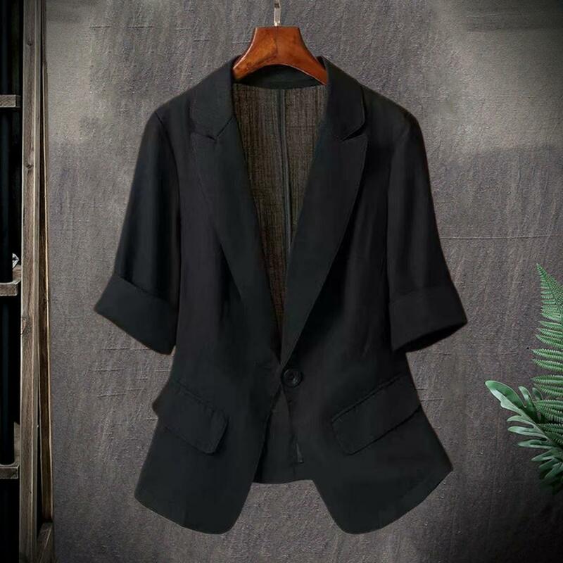 Jaket setelan berkancing wanita, kerah jas bergaya untuk kantor berpergian mantel longgar dengan lengan tiga perempat