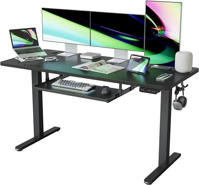 FEZIBO Standing Desk with Keyboard Tray, 63 × 24 Inches Electric Height Adjustable Desk, Sit Stand Up Desk, Black