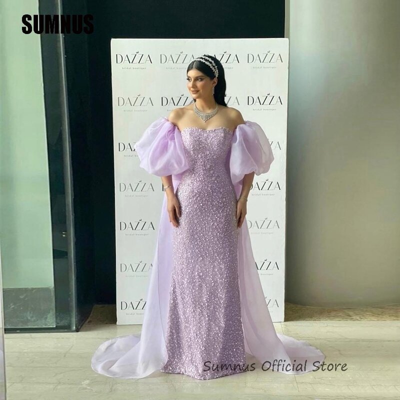 SUMNUS Purple Sequined Party dress Sexy Strapless Short Puff Sleeve Dresses Floor-Length Wedding Evening Gowns For Women