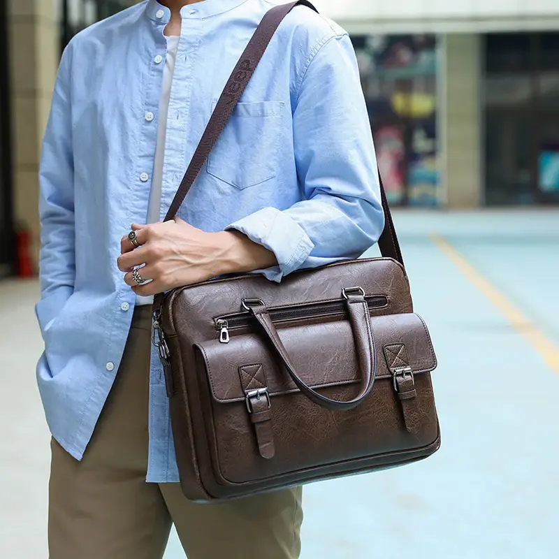 Портфель через плечо из искусственной кожи для мужчин, деловой портфель для ноутбука 14 дюймов, кожаная сумка на плечо для компьютера