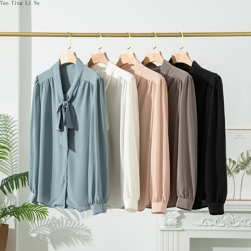 여성용 진짜 뽕나무 실크 리본 셔츠, 나비 넥타이, 긴팔, 진짜 실크 셔츠 O5