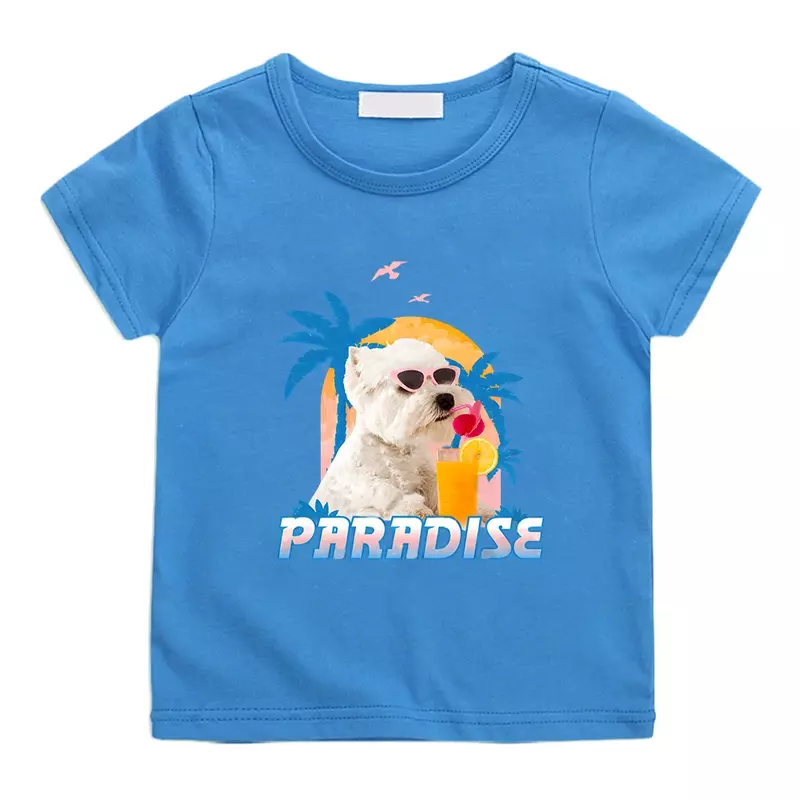 Футболка с рисунком Paradise Dog, футболка из 100% хлопка с милым мультяшным принтом для мальчиков и девочек, футболки с коротким рукавом, милые футболки с рисунком