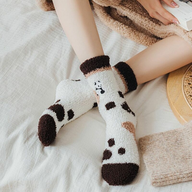 Calcetines térmicos con bordado de Panda para mujer, medias de lana de Coral para dormir en el hogar, calcetines de piso para Otoño e Invierno