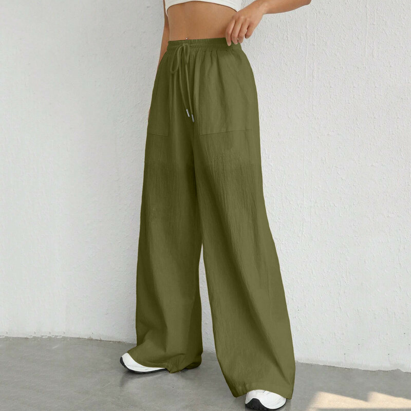 Pantalones de pierna ancha para mujer, pantalón largo de cintura elástica, holgado, informal, Vintage, Color sólido, ropa de calle alta, moda de verano