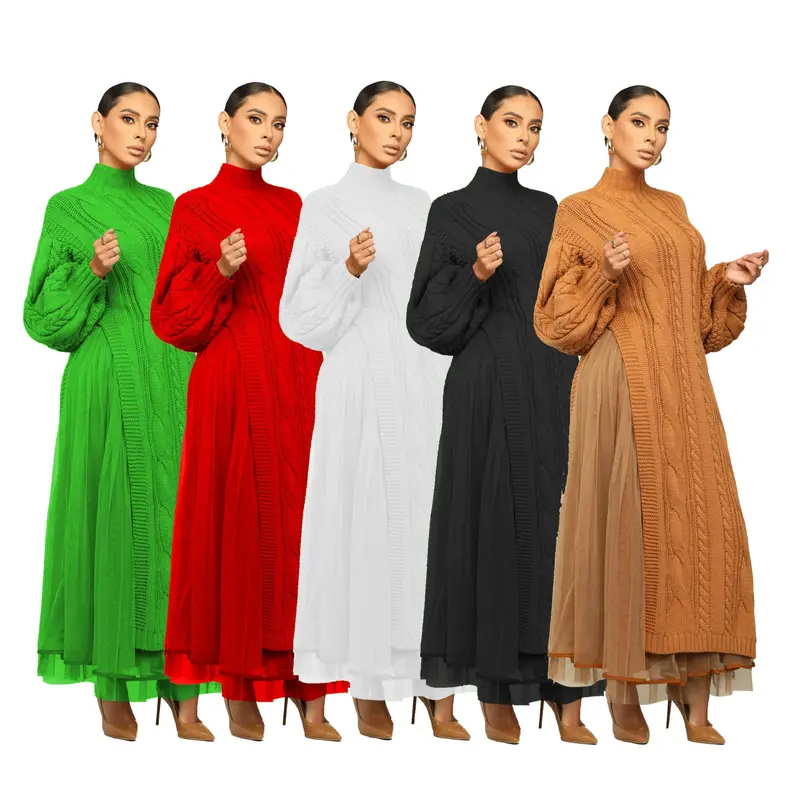 Women Fashion Two Piece Set Solid Turtleneck Long Sleeve Side Split Braid Knitted Sweater Dress Mesh Maxi Skirts Casual Suits