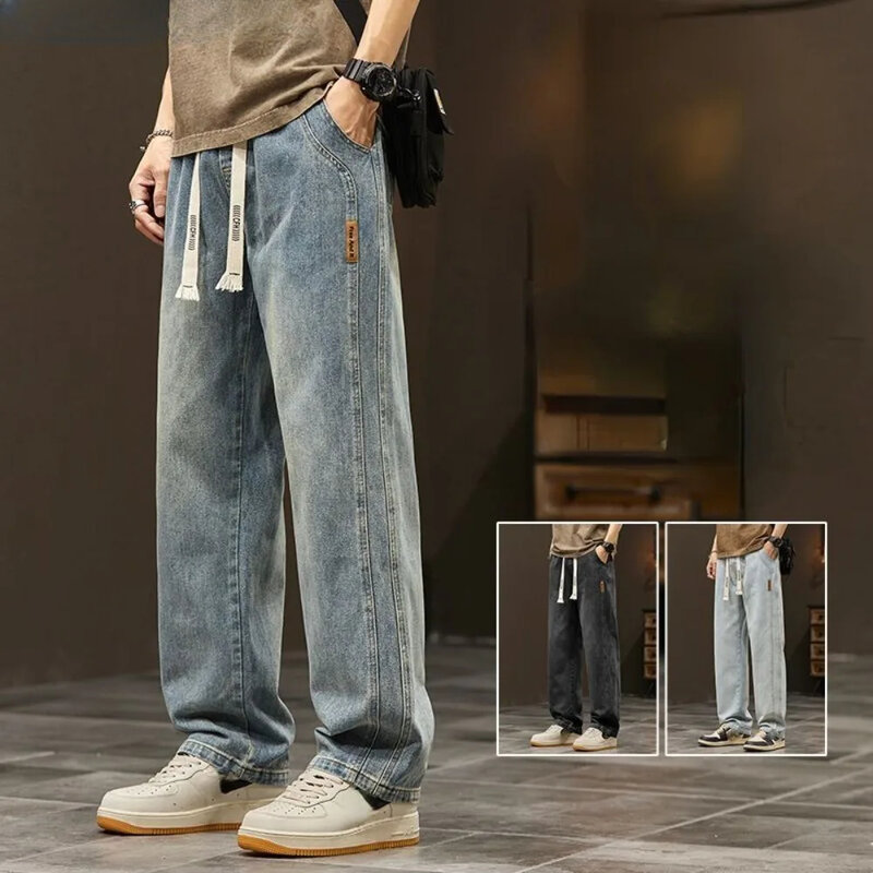 Jeans droits élastiques pour hommes, pantalons en denim à jambes larges, pantalons décontractés, vêtements de sport de style coréen