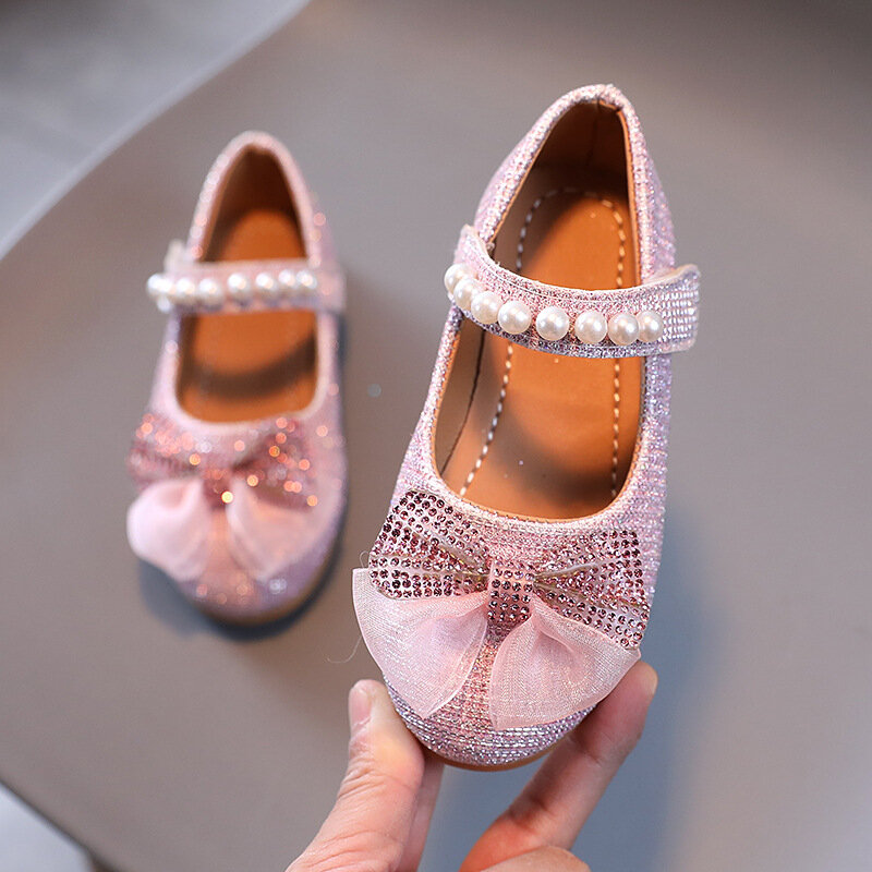 Zapatos de cuero para niña, zapatillas de princesa con lazo y perlas, de fondo suave, SP118