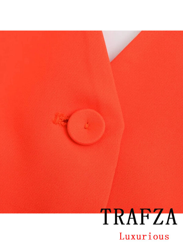 TRAFZA Vintage Casual Office Lady Solid Suit Pockets Orange Blazer V-Neck Single Breasted Vest Loose Pants New Fashion 2024 Set