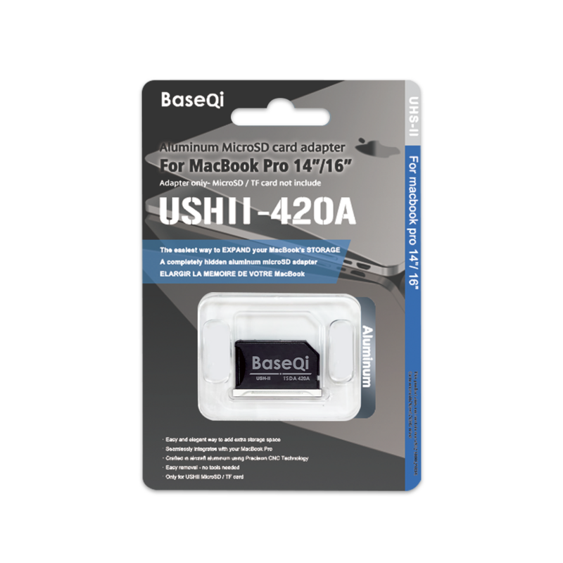 BaseQi MacBook 420AS srebrny aluminiowy niewidoczny Adapter karty Micro SD/TF do macbooka Pro Retina 14/16 cala czytnik kart SD