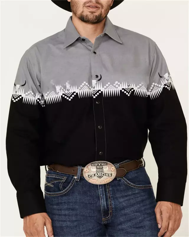 2024 new Western denim men's shirt button-down lapel casual long sleeve high quality shirt oversized size