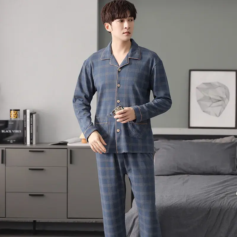 Mann Pyjamas setzt Frühling Herbst Langarm weichen Revers Knopf Pyjama für Männer Plaid Cardigan Homewear männlich lässig lose Nachtwäsche