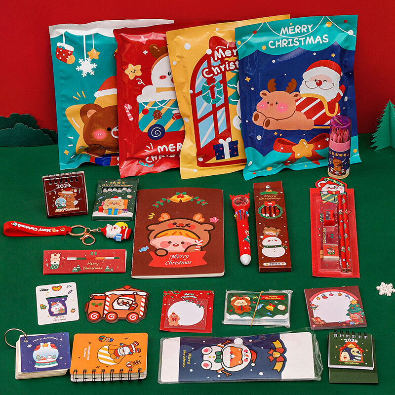 Paquete de regalo de papelería navideña aleatoria, regla de lápiz de dibujo para niños, papelería de escritura escolar, decoraciones navideñas