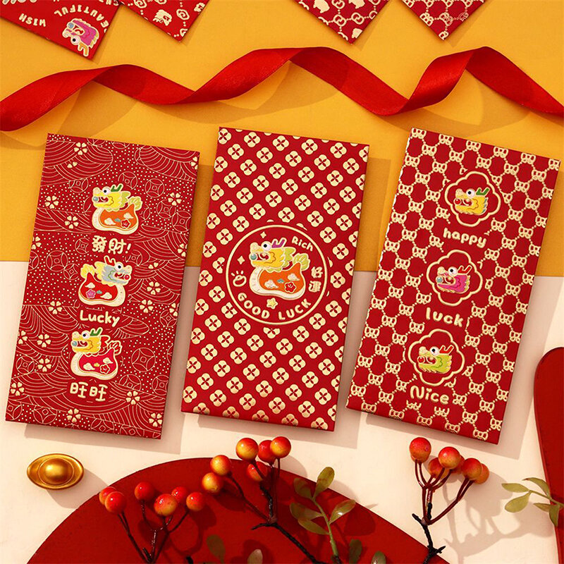 6 szt. Chiński nowy rok szczęśliwy czerwona koperta smok prezent koperta smok rok 2024 pieniądze kieszeń noworoczne dekoracje