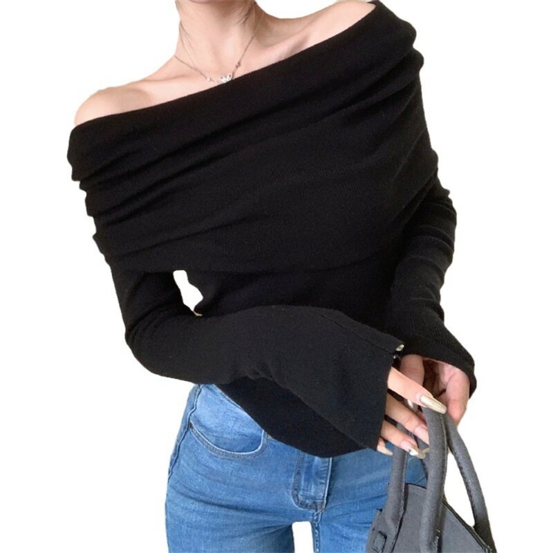 T-Shirt nere a maniche lunghe moda coreana Solid Y2k abbigliamento T-Shirt corta Slim Sexy Skinny Top donna