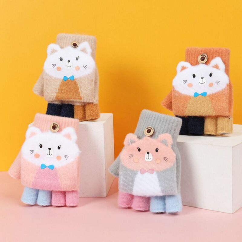 Guanti senza dita lavorati a maglia per ragazze orecchie di gatto dei cartoni animati guanti per bambini caldi guanti invernali con mezze dita accessori per bambini