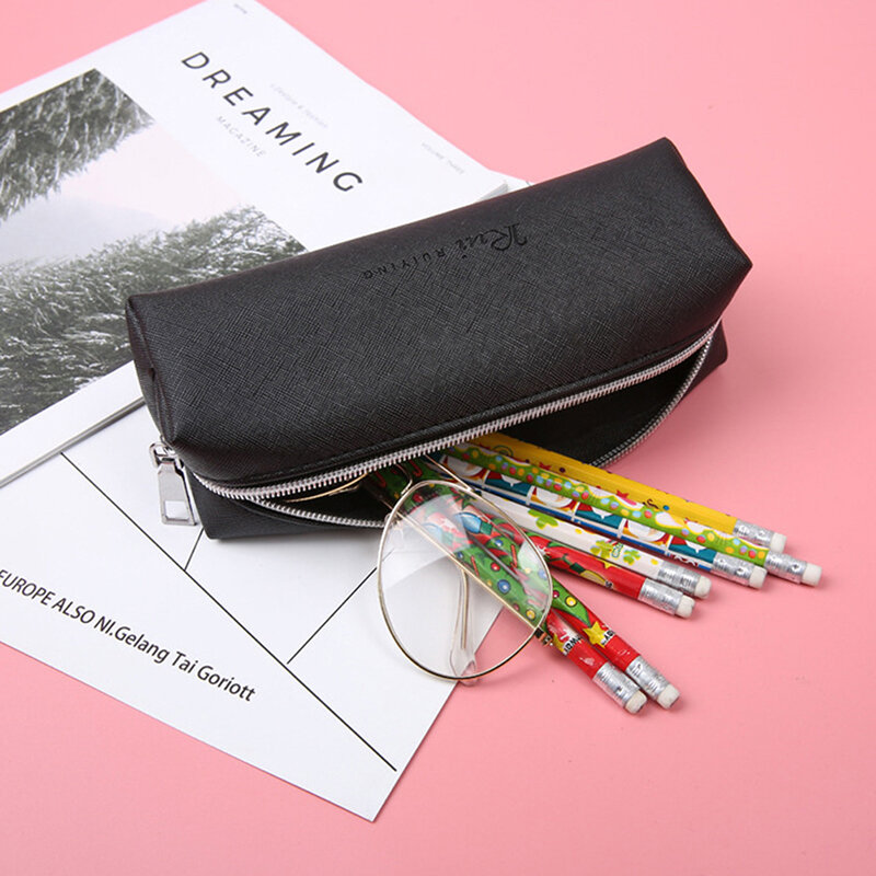Caixa de lápis de couro preto para meninas meninos estudante escola caso de lápis grande caso de lápis papelaria bonito saco de lápis estojo escolar