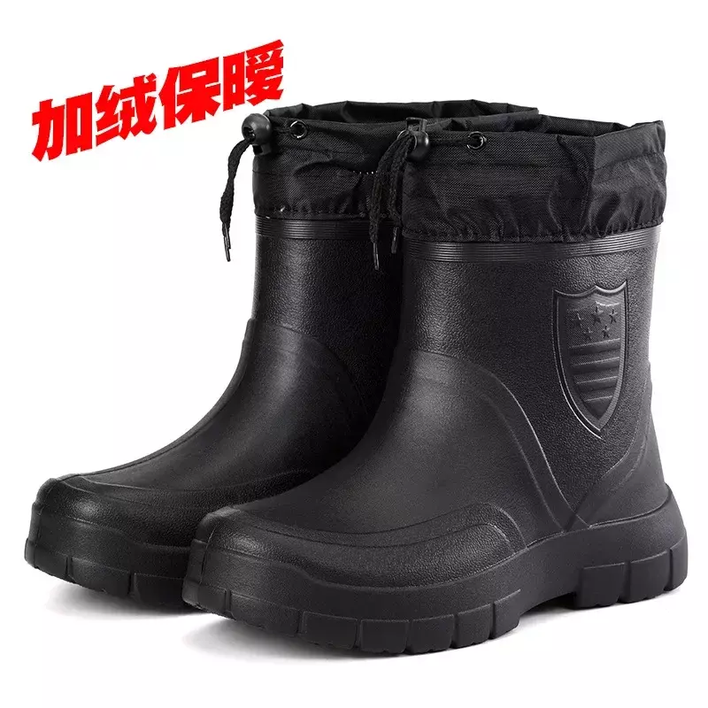 รองเท้าบูทหน้าฝนผ้าฝ้ายกันลมสำหรับฤดูหนาวของผู้ชายรองเท้าบูทกันฝนหุ้มข้อ, รองเท้าแฟชั่นสีดำกันลื่นกันน้ำผู้ชายทำงาน Boot2024