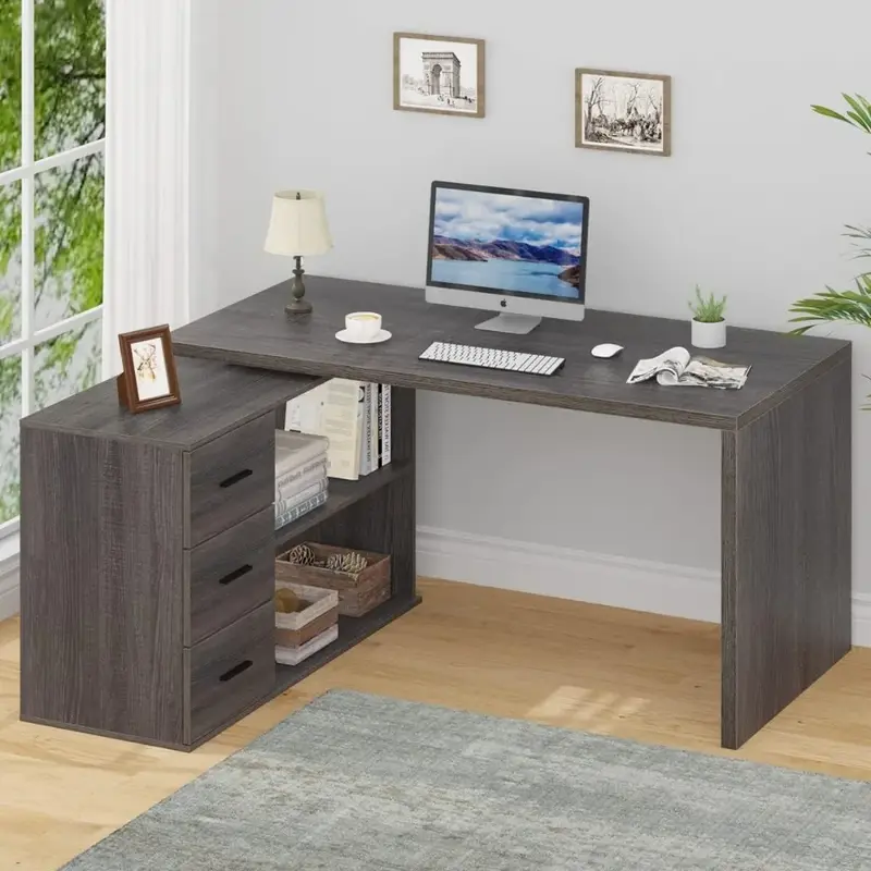 L geformter Schreibtisch mit Schubladen, Form Computer-Schrank regale, reversibler moderner industrieller Home-Office-Eck schreibtisch
