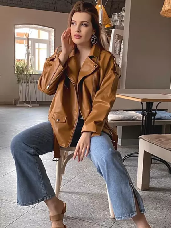 FTLZZ Spring Autumn Faux Leather Jackets Women Loose Casual Coat Female Drop-shoulder Motorcycles Locomotive Outwear With Belt