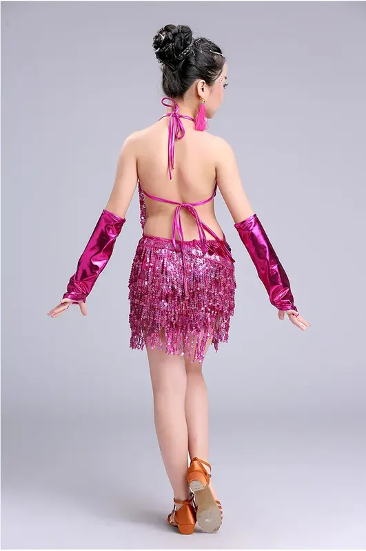 Strój do tańca latynoskiego dla dzieci kostium dla dziewcząt konkurs grupowy ćwicz ubrania z cekinami suknie na konkurs tańca towarzyskiego