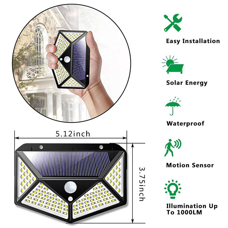 Lampe solaire à LED avec détecteur de mouvement, étanche, sécurité extérieure, jardin, rue, applique murale, 3 modes, 20, 30/100 LED