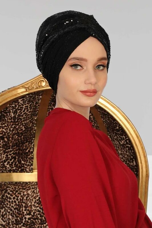 Hijab กระดูก Sequined สีดำ