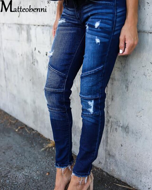 Mode mittlere Taille Röhrenjeans Frauen Vintage Distressed Jeans hose Herbst gekräuselt zerstört Bleistift lässig zerrissen