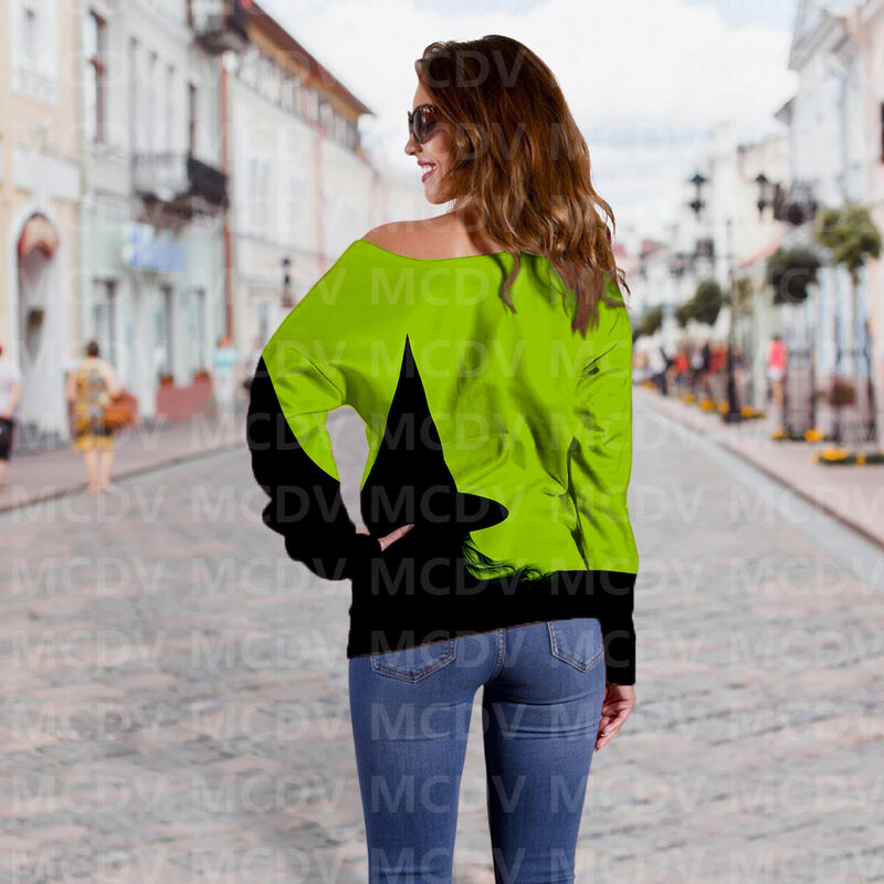 Women's Off Shoulder Sweater Halloween Witch 3D Printed Women Casual Long Sleeve Sweater Pullover