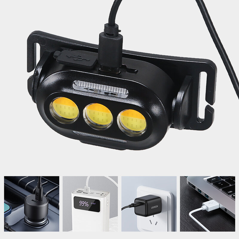 Фонарь головного света для рыбалки, белый и желтый фонарь для рыбалки, 3 лампочки, USB Перезаряжаемый встроенный аккумулятор с красной и синей вспышкой