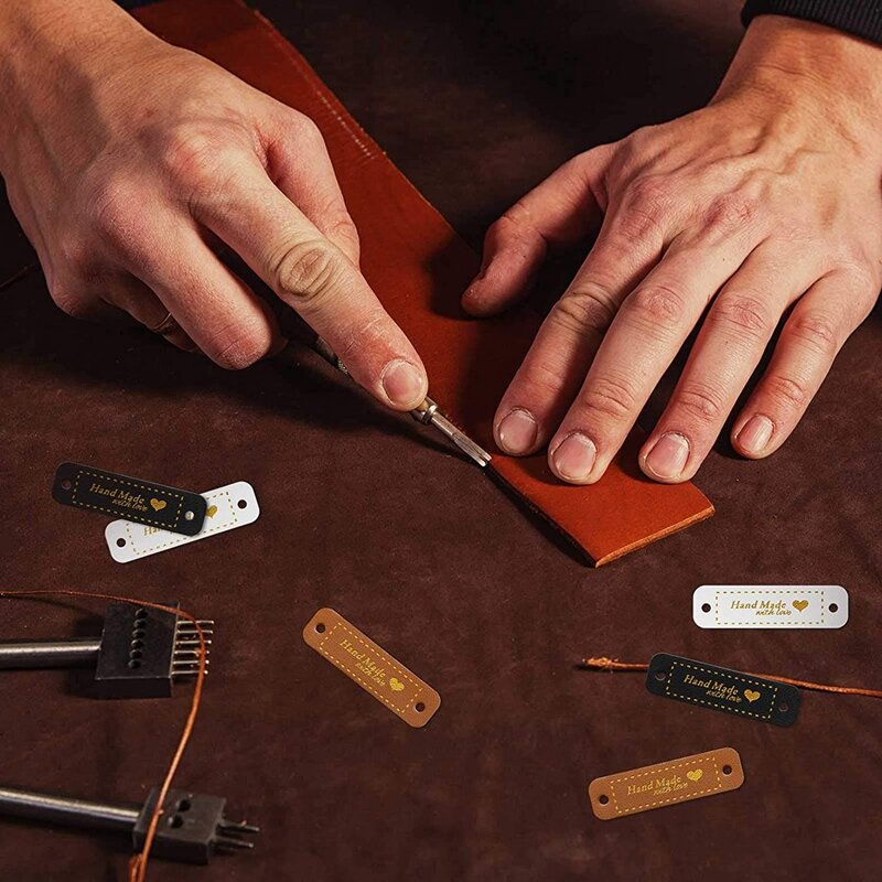 Etiquetas de piel sintética hechas a mano, accesorios de punto con agujeros para manualidades DIY, 60 piezas