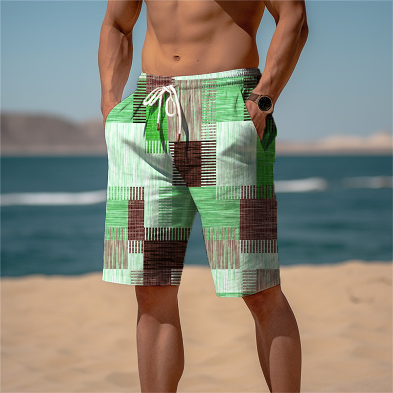 Calção de suor de praia Terry masculino, cordão, elástico na cintura, impressão gráfica 3D, listra xadrez, respirável, curto macio, diário