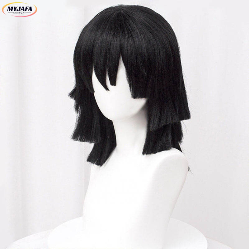 Peluca de Cosplay de Iguro Obanai, pelo corto negro, resistente al calor, Anime, gorra