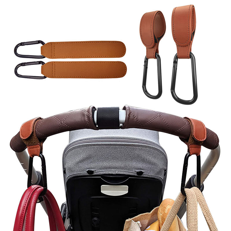 PU Leather Baby Bag Stroller Gancho, 360 Graus Rotatable, Magic Sticker, Cart Organizer, Acessórios para carrinho, 1 Pc, 2Pcs