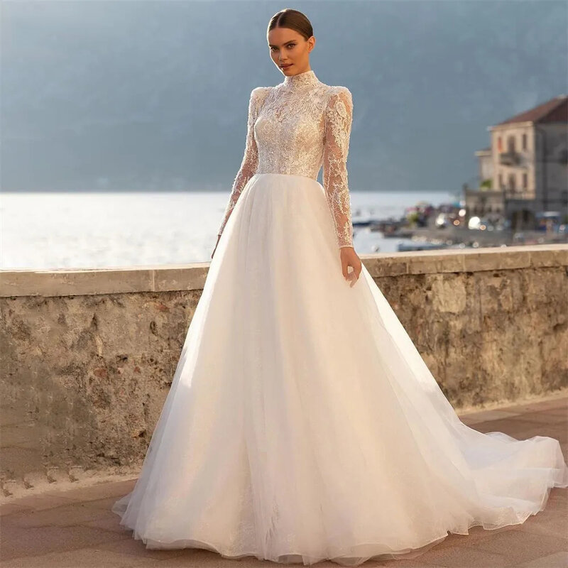 Gaun pernikahan mewah kerah tinggi indah putri duyung lengan panjang seksi renda Applique berbulu gaya putri mengepel gaun pengantin