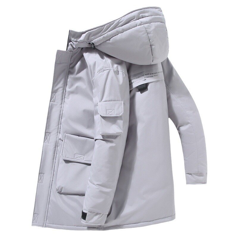 Medium length down jacket with loose and thickened hooded trendy work clothes and warm down jacket