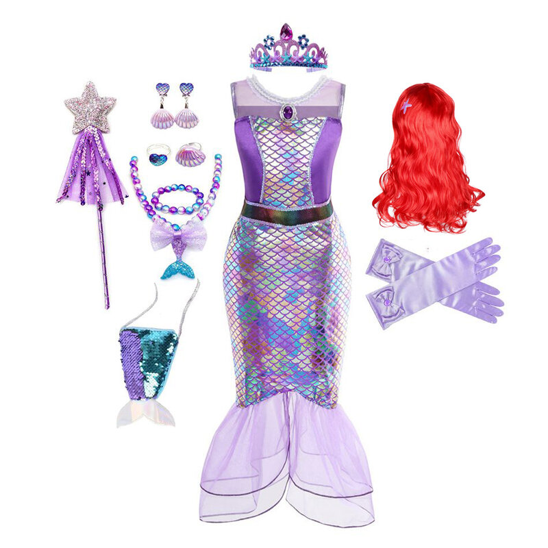 Menina sereia princesa trajes criança fantasia festa carnaval presente de aniversário vestido de verão sereia vestido