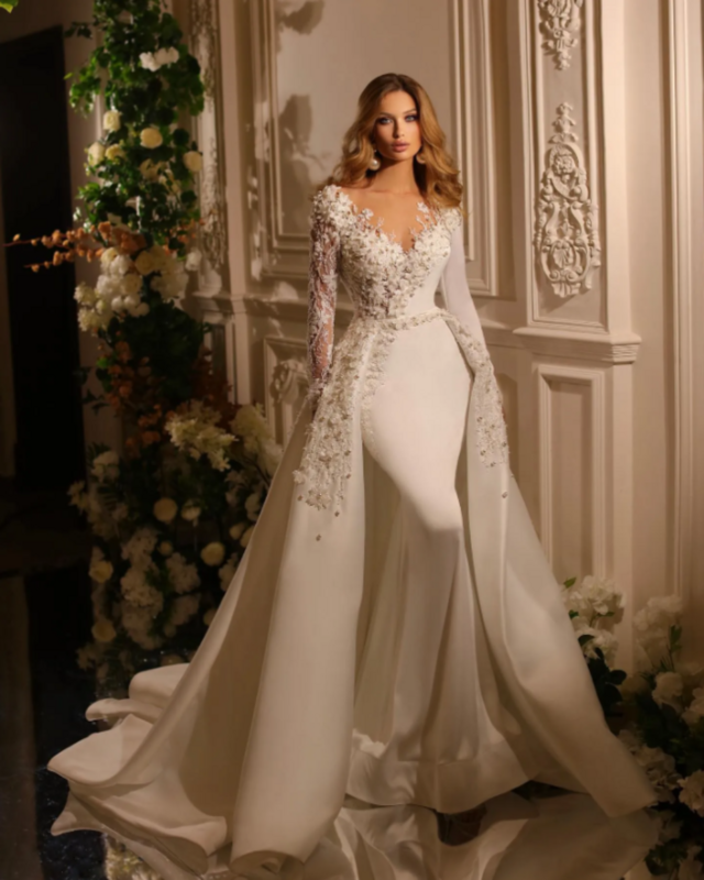 Abito da sposa squisito maniche lunghe abbigliamento formale 2024 nuove applicazioni perline di pizzo scollo a cuore abiti da sposa Vestidos De Novia