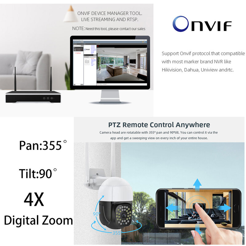 4MP extérieur ONVIF Tuya couleur Vision nocturne Surveillance de sécurité CCTV sans fil WiFi Cloud suivi automatique caméra PTZ avec Port RJ45