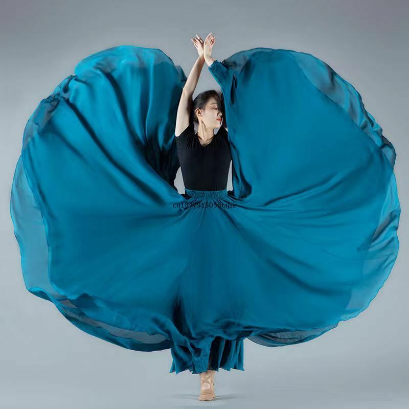 Mulheres cintura alta saia de dança plissada, cor sólida, Chiffon, balanço grande, performance de palco, longa, 720 graus