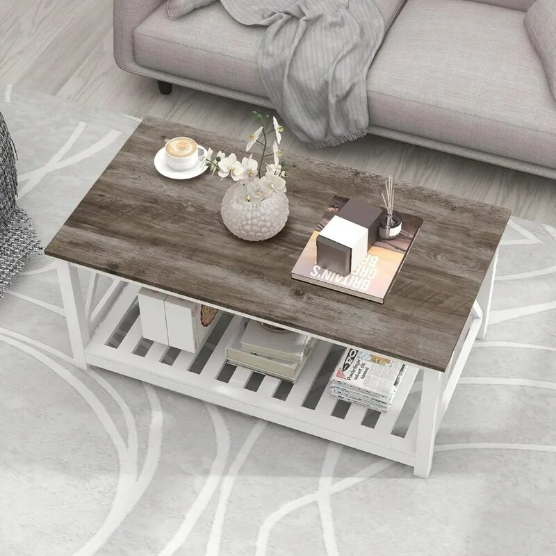 Farmhouse Coffee Table for Living Room,2-Tier Rectangular Wooden Centre Cocktail Table with Slats Shelf Storage and V-Shaped