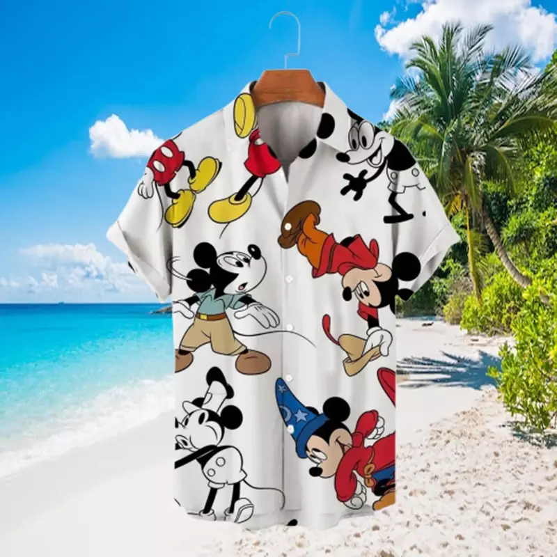 Гавайская рубашка с героями Диснея, летняя рубашка с Микки и друзьями, Мужская гавайская рубашка с короткими рукавами и пуговицами в стиле ретро