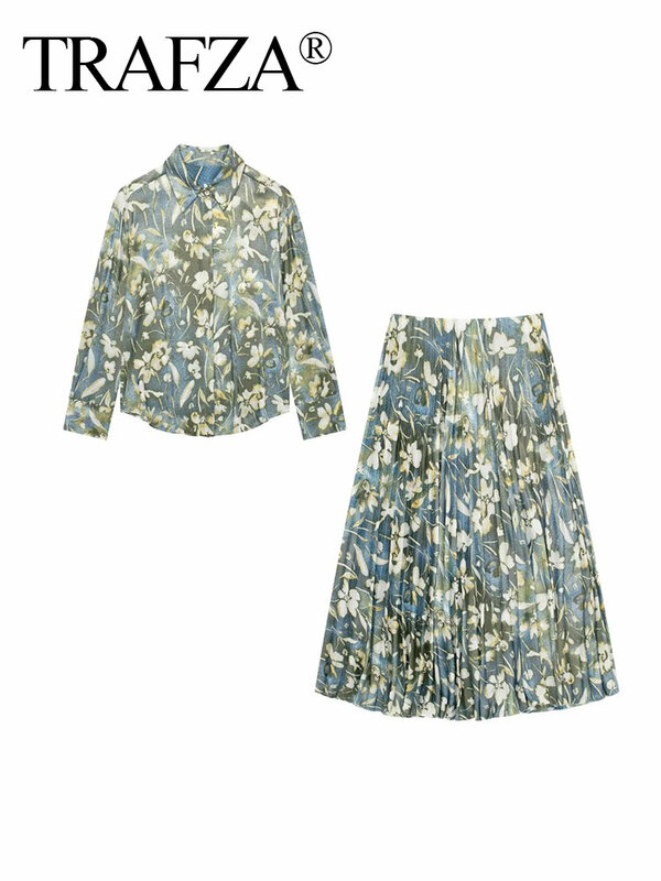 TRAFZA 2024 Spring Female Vintage Metallic Flower Print Skirt Suit For Women Long Sleeves Shirt+High Waist Midi Pleated Skirt