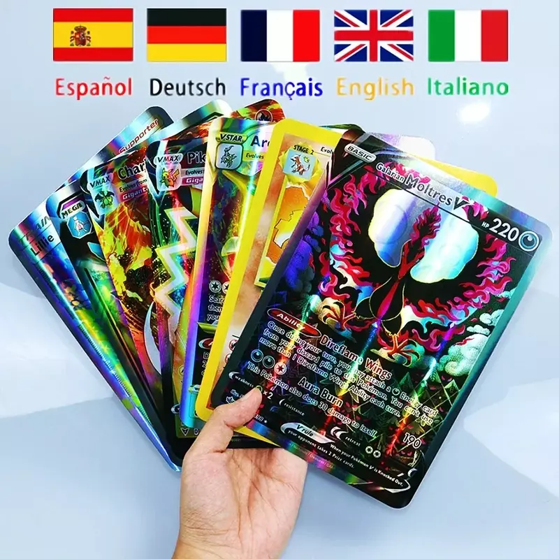 Pokemon 21*15cm kartu pelangi besar paket Vstar huruf Jumbo besar bahasa Spanyol Jerman Vmax GX Arceus Charizard kartu langka