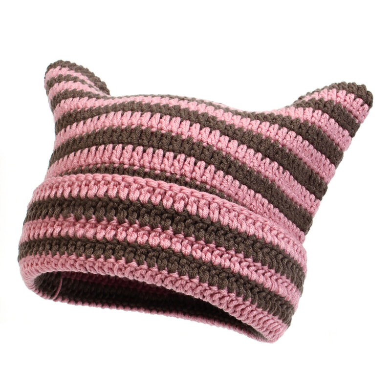 귀여운 고양이 귀 악마 뿔 니트 모자, 소녀 캐주얼 대비 색상 줄무늬 크로셰 모자, 코스튬 액세서리, 2023 가을 겨울