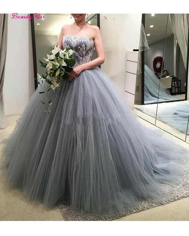Silver Grey Tulle Wedding Dresses with White Appliques Off The Shoulder Sweetheart Princess Bridal Gowns Vestido De Noiva
