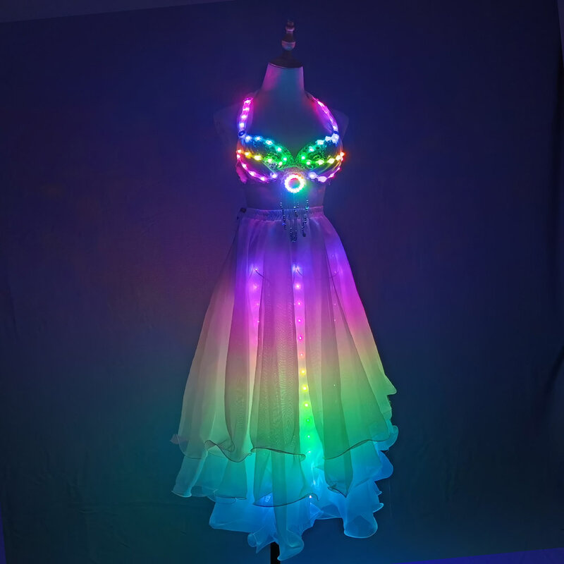 Luces LED de colores para mujer, falda dividida para danza del vientre, ropa de entrenamiento profesional Sexy para danza del vientre, disfraces de baile