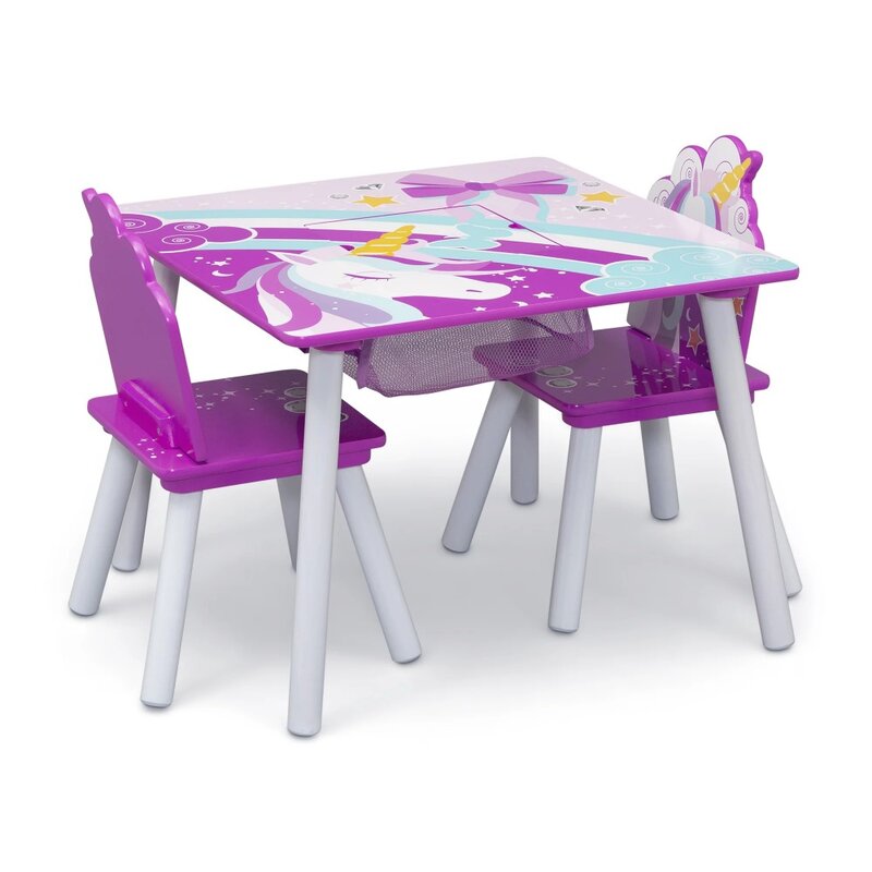 Juego de mesa y silla de unicornio con almacenamiento, 2 sillas incluidas, certificado Greenguard dorado, color rosa
