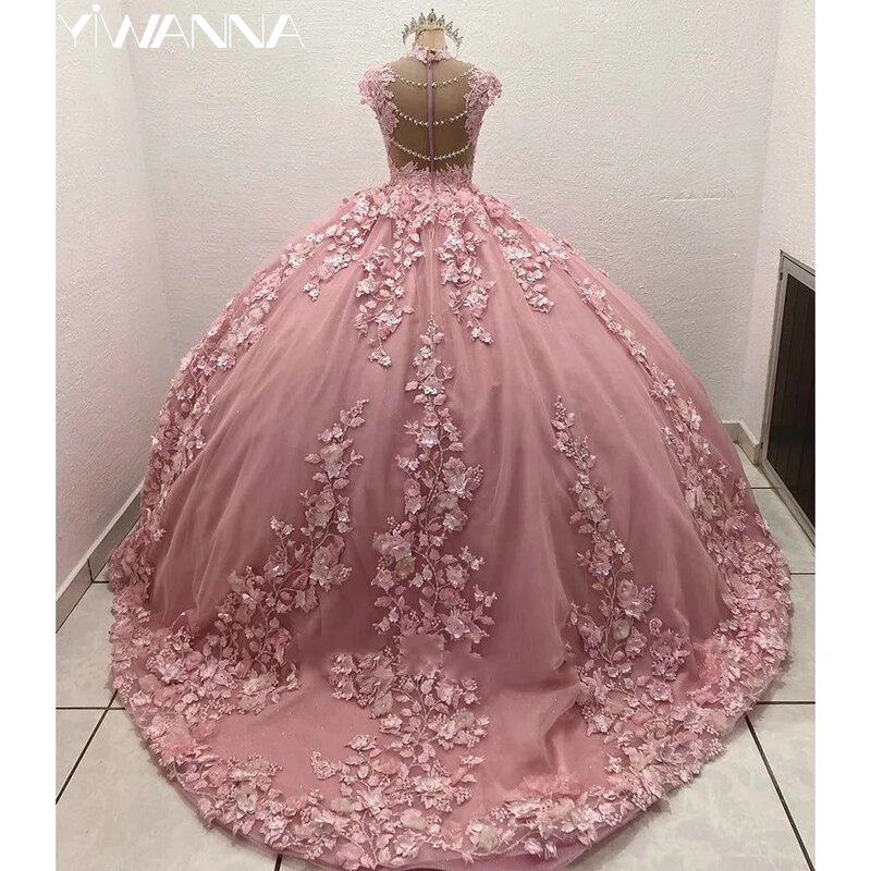 Vestido princesa rosa Quinceanera, Lindo vestido de apliques, Flor 3D, Doce vestido de festa de 16 anos, 15 anos