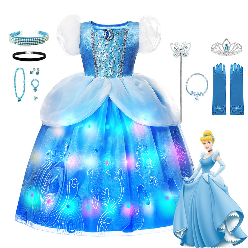 Vestido de princesa de Disney Con luz LED para niñas, disfraz de Halloween, Cosplay de Cenicienta, bata de fiesta de Halloween