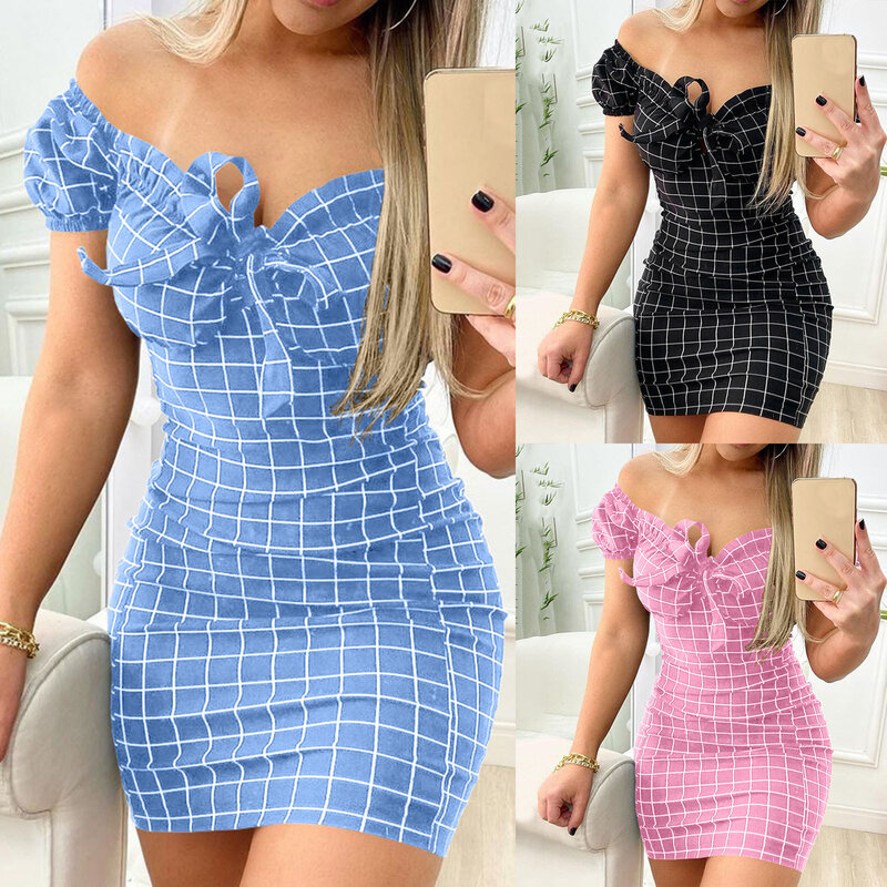 Holiday Dresses For Women Ladies Plaid Printed Leaky Shoulder Sexy Mini Dresses Women Summer Off Shoulder Bodycon Dresses 2024